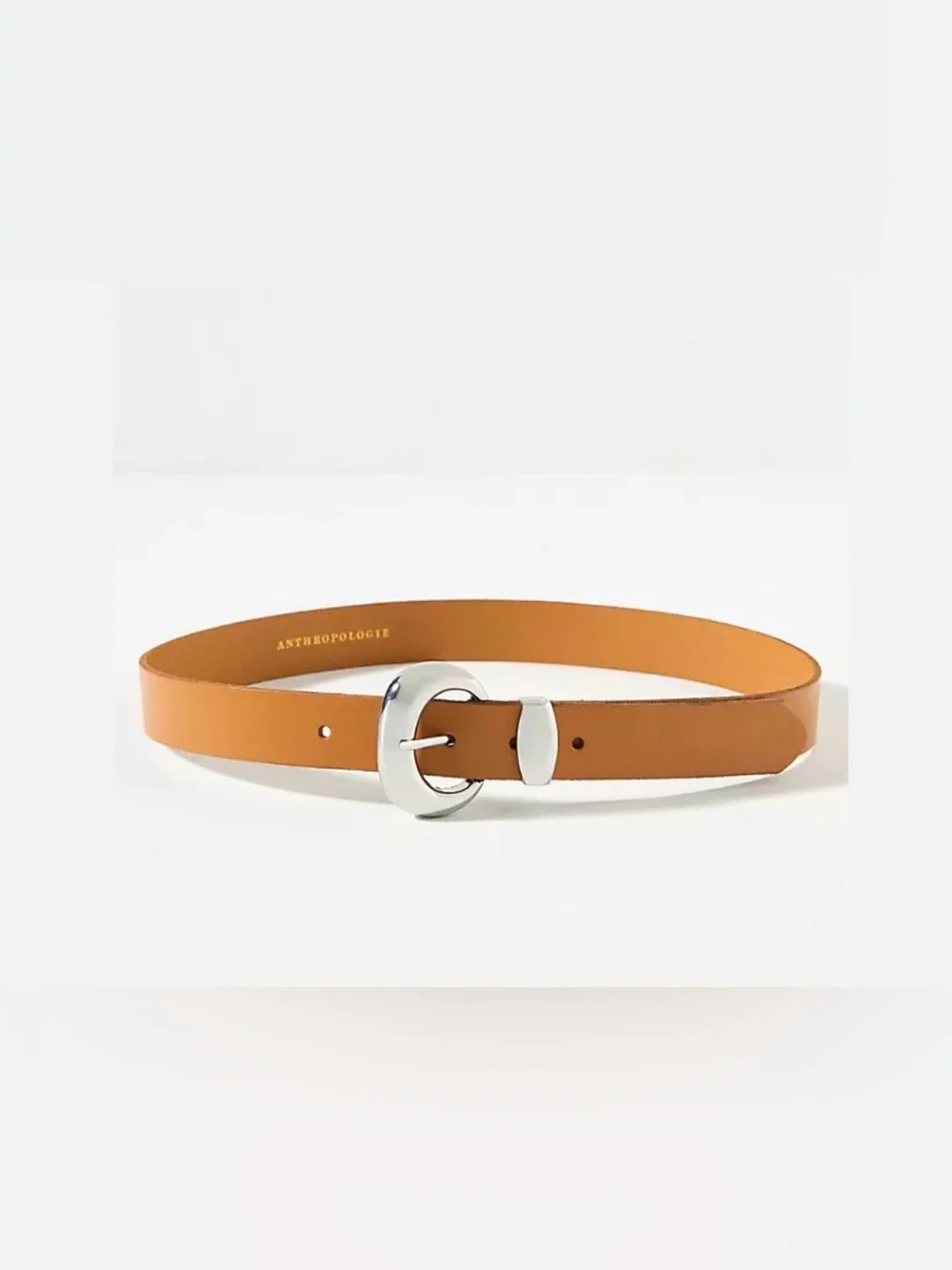 Anthropologie Cognac Leather Belt with Silver Oval Buckle